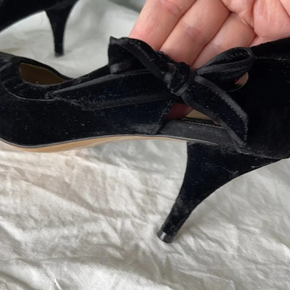LINDSAY PERRY Velvet Leather Peep Toe Pumps Black Tied Side Size 40 - Picture 5 of 9